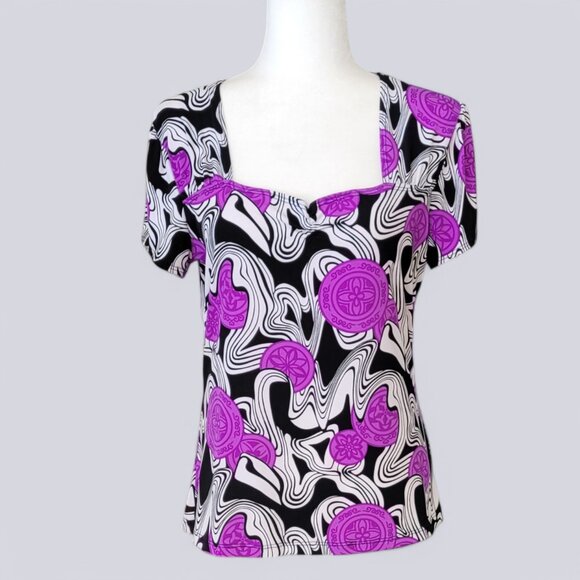 VTG Carole Little Made in USA Artsy Stretchy Top with Sweetheart Neckline Y2K - Picture 1 of 10